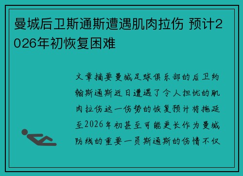 曼城后卫斯通斯遭遇肌肉拉伤 预计2026年初恢复困难 曼城后卫斯通斯遭遇肌肉拉伤 预计2026年初恢复困难